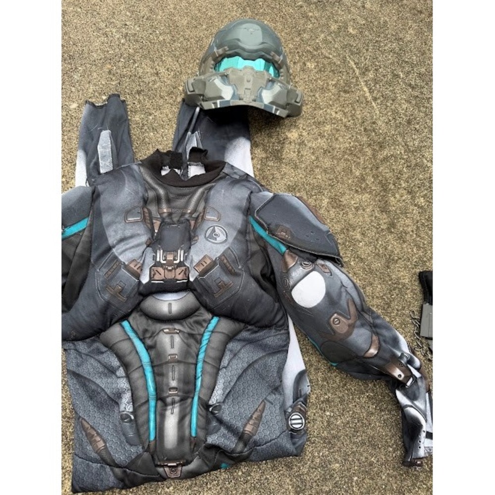 Halo Spartan Locke Costume Kids L 10-12 Gray Blue Muscle Suit Mask Disguise 2016